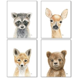 Woodland Animal Nursery Prints Unframed Set of 4, Pick Your Baby Animals and Size, Original Watercolor Portraits Art Signed By Artist