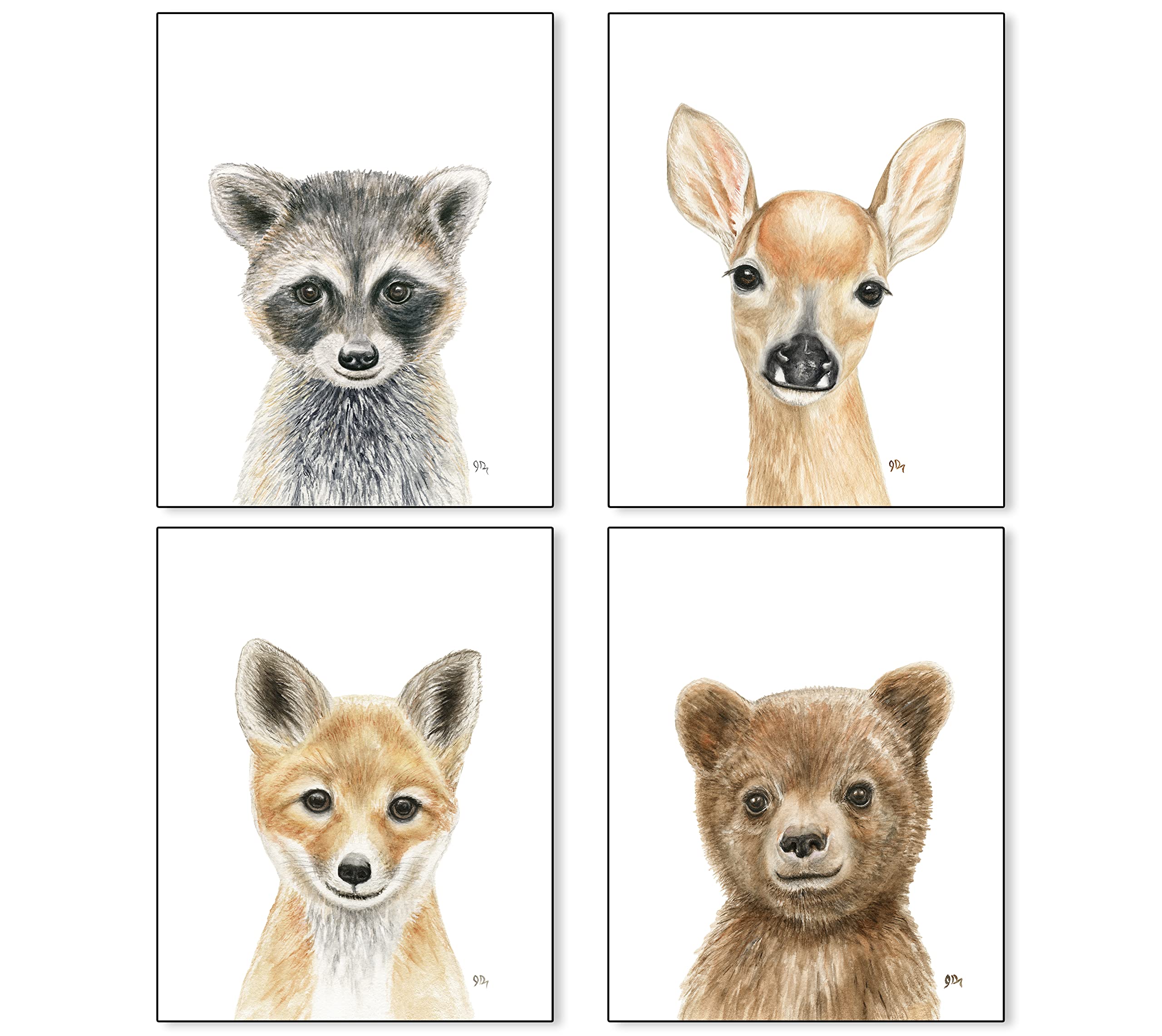 Woodland Animal Nursery Prints Unframed Set of 4, Pick Your Baby Animals and Size, Original Watercolor Portraits Art Signed By Artist