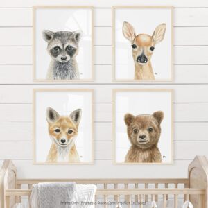 Woodland Animal Nursery Prints Unframed Set of 4, Pick Your Baby Animals and Size, Original Watercolor Portraits Art Signed By Artist