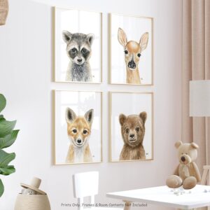 Woodland Animal Nursery Prints Unframed Set of 4, Pick Your Baby Animals and Size, Original Watercolor Portraits Art Signed By Artist