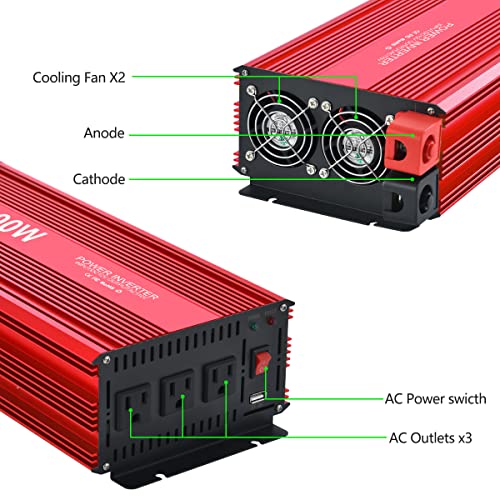 3000W Power Inverter 3000 watt Modified Sine Wave Inverter with 3 AC Outlets and 2.4A USB Port Converter DC 12V in to AC 110V Out for Car RV Truck(Red)