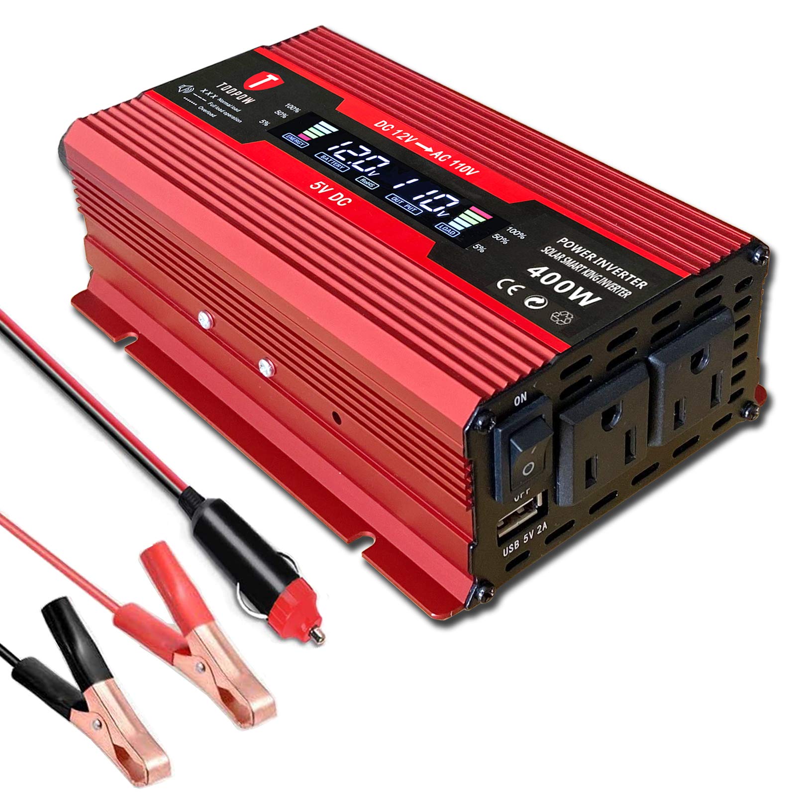 Toopow 400W Power Inverter DC 12V to 110V AC Converter with Digital LCD Display 2A USB Car Charger Adapter for RV Phones Tablets PC Laptops