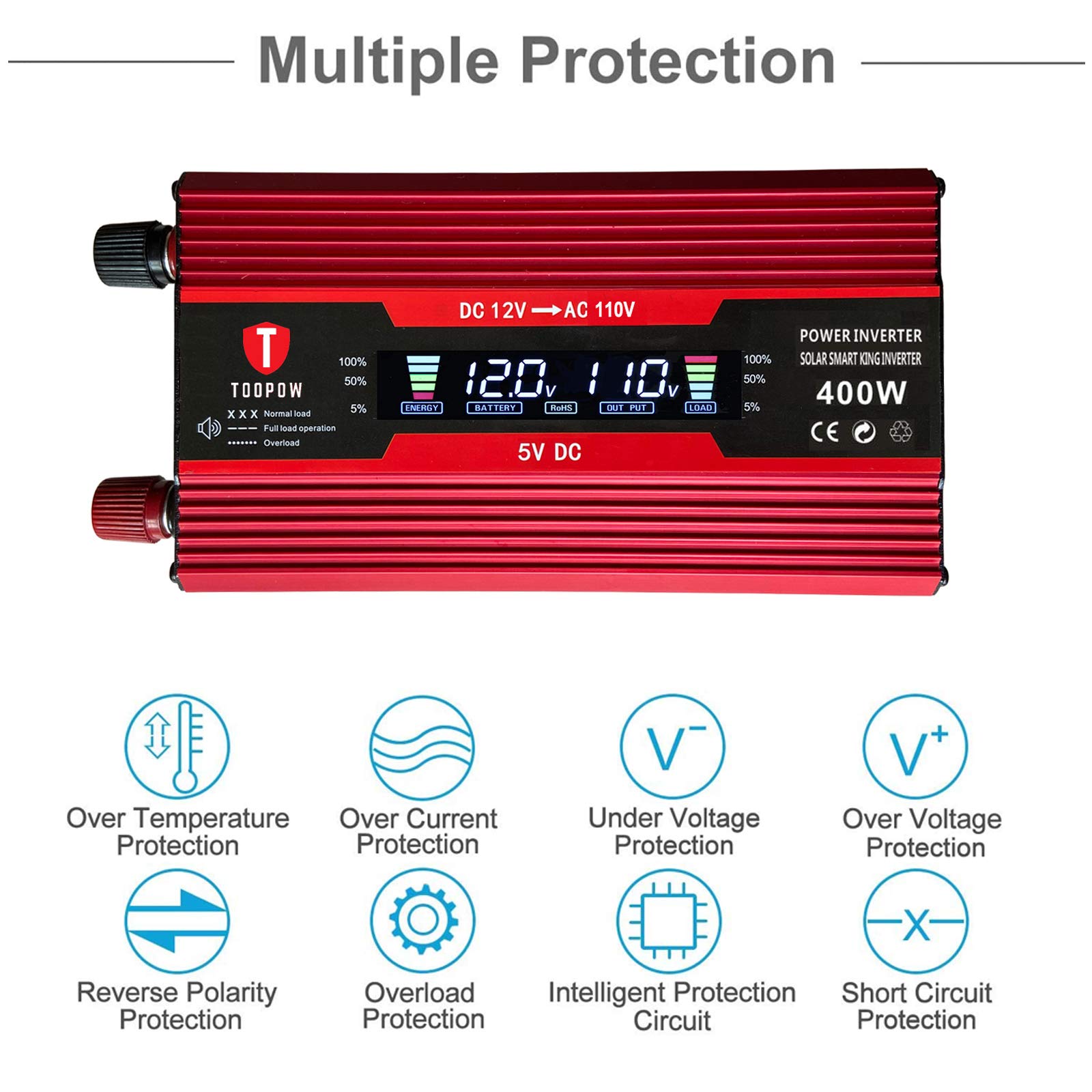 Toopow 400W Power Inverter DC 12V to 110V AC Converter with Digital LCD Display 2A USB Car Charger Adapter for RV Phones Tablets PC Laptops