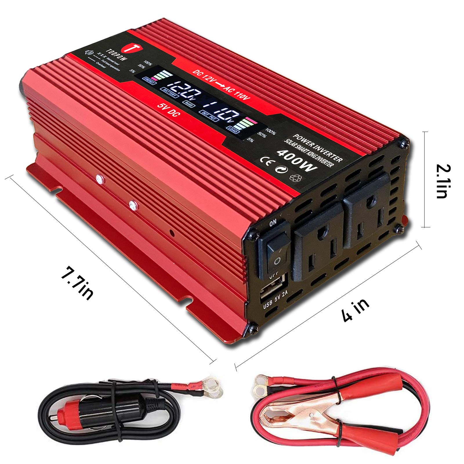 Toopow 400W Power Inverter DC 12V to 110V AC Converter with Digital LCD Display 2A USB Car Charger Adapter for RV Phones Tablets PC Laptops