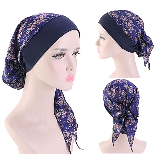 Pre Tied Head Scarves 3 Packed Slip On Beanies Chemo Covers Cap for Women (D6-Long Strap-3 Packed)