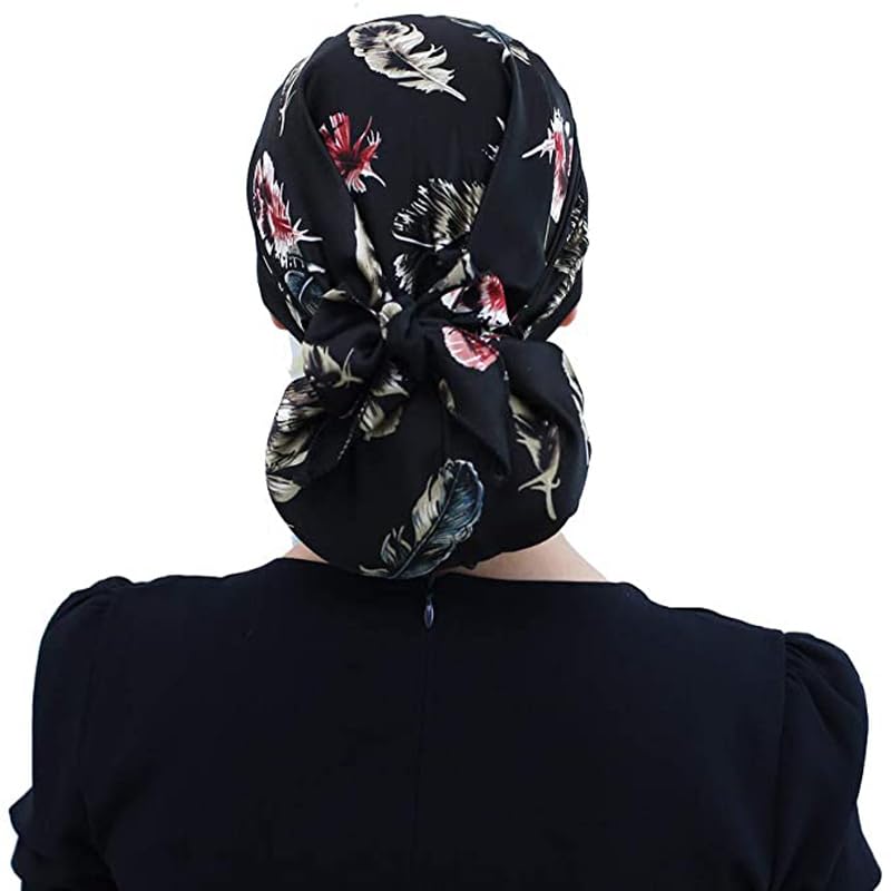 Pre Tied Head Scarves 3 Packed Slip On Beanies Chemo Covers Cap for Women (D6-Long Strap-3 Packed)