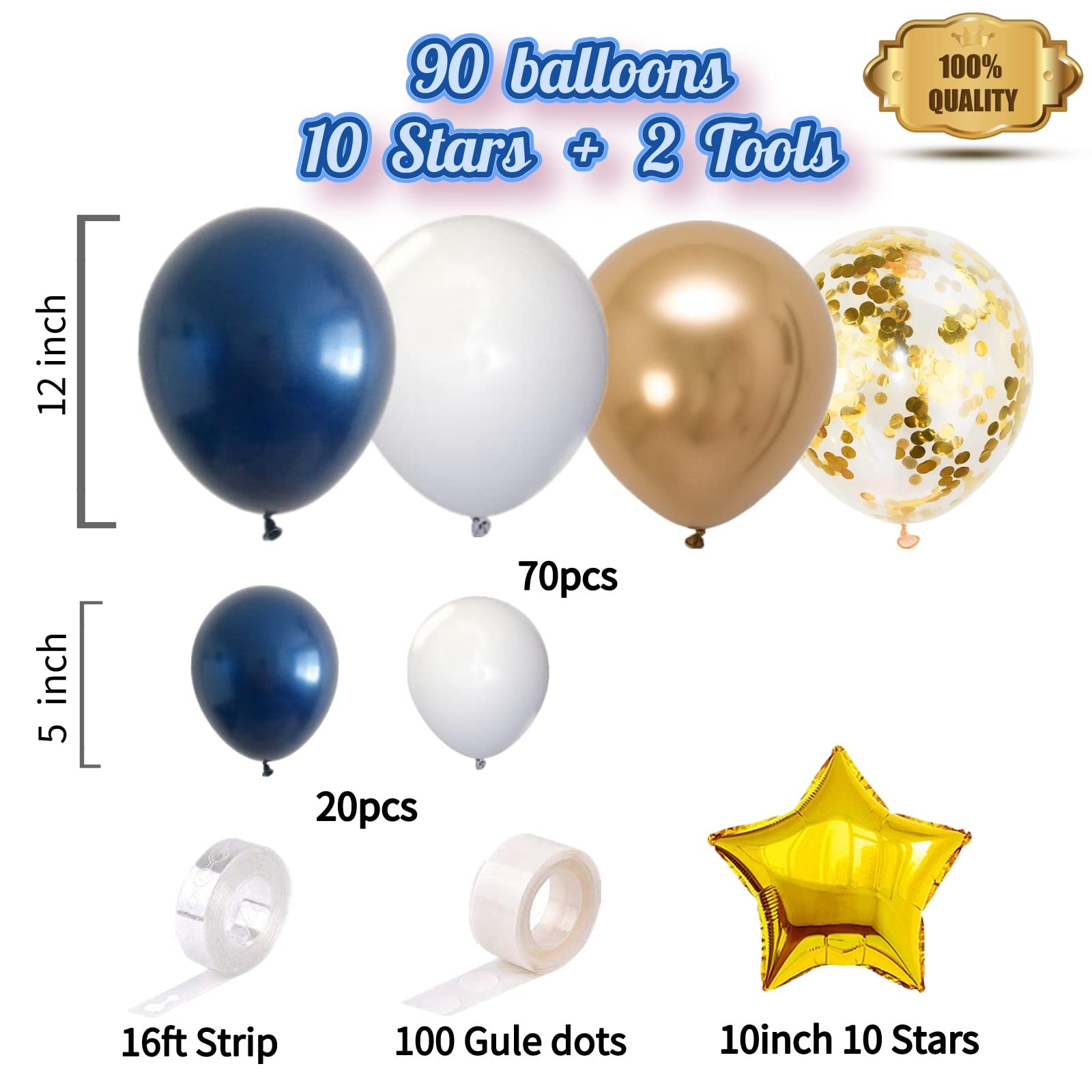 Navy Blue Balloon Garland Kit - 100pcs Blue and White Balloons with Gold and Star Foil Balloons - Perfect for Blue Parties and Celebrations