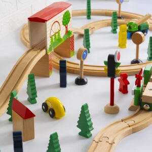 FUNPENY 60 Pcs Colorful Wooden Train and Track Sets,Train Railway Sets Toys for 3+ Years Kids,Boys,Girls Deluxe Holiday Gifts