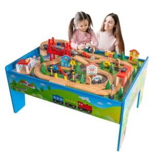 funpeny train table toys,wooden train track railway city sets table for kids toddlers