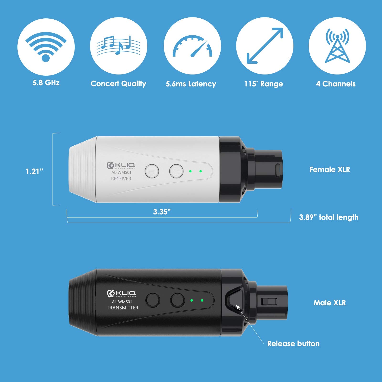 KLIQ Airlink 5.8 GHz Rechargeable Wireless Microphone Transmitter/Receiver Set (5.8G Wireless)