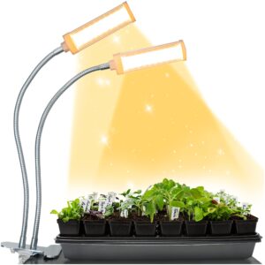 brite labs led grow lights for indoor plants & seedlings, dual head plant growing lamps with 100 full spectrum bulbs, auto on off timer, adjustable gooseneck arms, desk clip on, dimmable switch modes