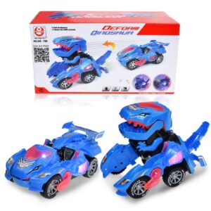 davidamy's gift transforming toy dinosaur cars, dinosaur car w/led light sound, aumatic transformation dinosaur kids toy (blue)