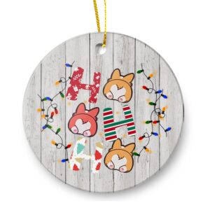 czhezee ho ho ho cute corgi - christmas ornament - holiday ceramic keepsake 3.5" flat circle porcelain - ceramic disk - christmas tree ornament - gifts idea for christmas keepsake - holidays presents