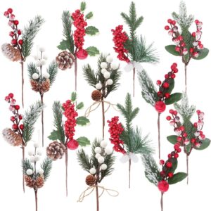 14pcs artificial berry picks, christmas pine picks with red & white berries pine cones for christmas decorations diy crafts gift wrapping flower arrangements wreaths holiday floral snowy picks (14)