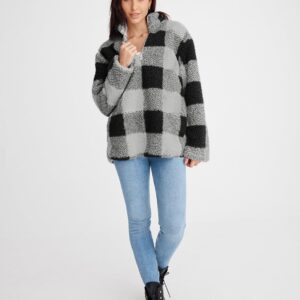 MEROKEETY Women's Plaid Sherpa Fleece Zip Sweatshirt Long Sleeve Pullover Jacket, Black, M
