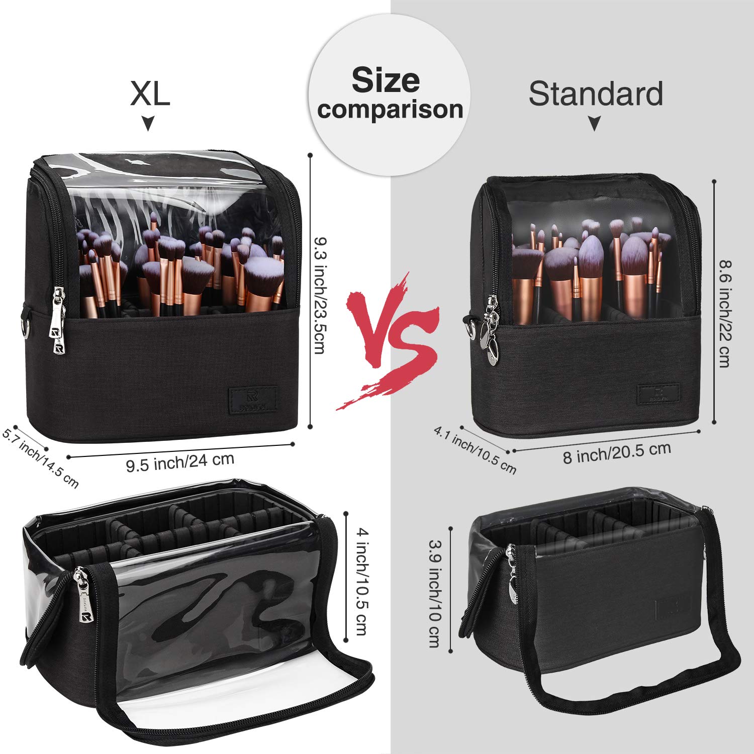 Makeup Brush Case Stand-up Makeup Cup Makeup Brush Holder Travel Professional Cosmetic Bag Artist Storage Bag with Shoulder Strap and Adjustable Divider (Large, Black)