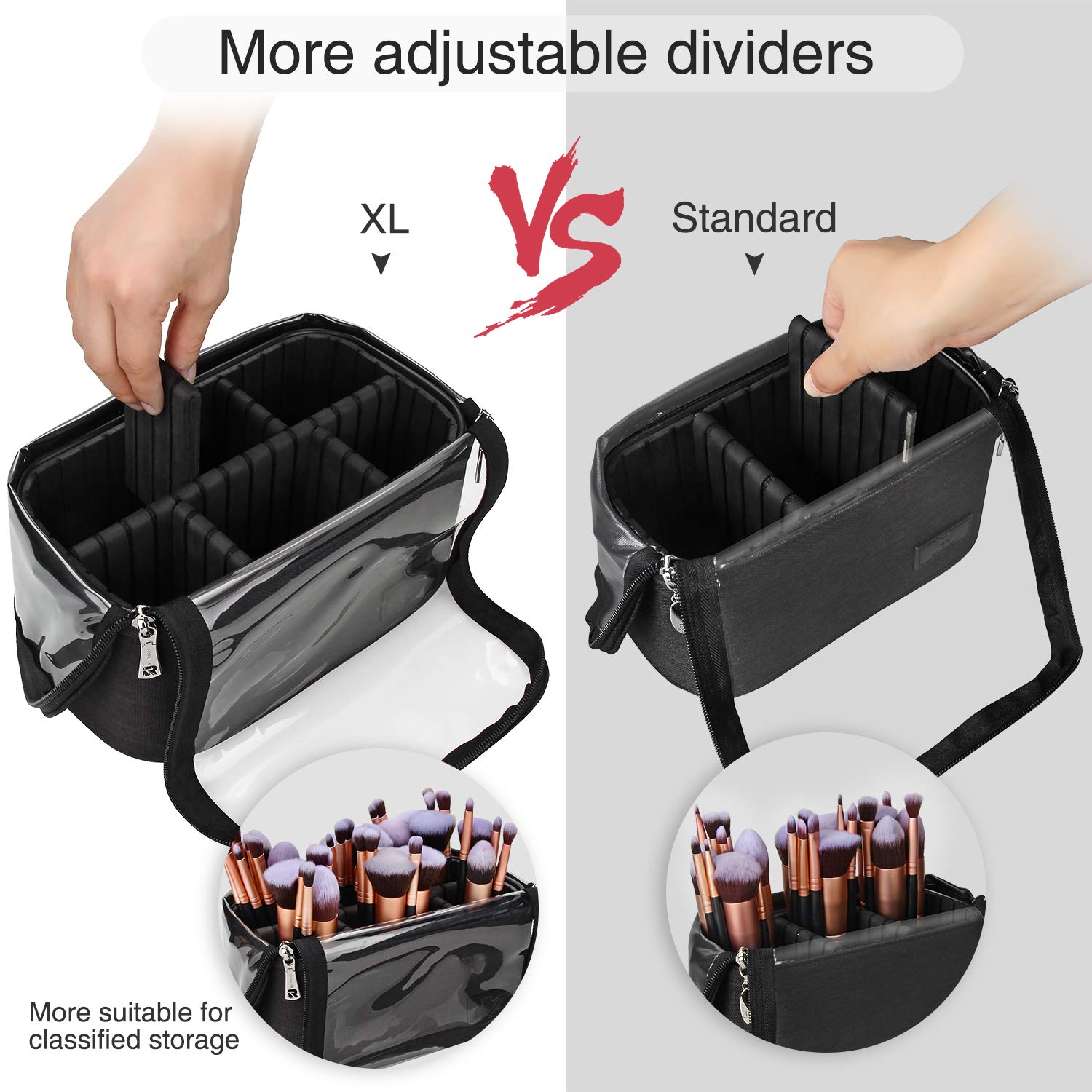 Makeup Brush Case Stand-up Makeup Cup Makeup Brush Holder Travel Professional Cosmetic Bag Artist Storage Bag with Shoulder Strap and Adjustable Divider (Large, Black)