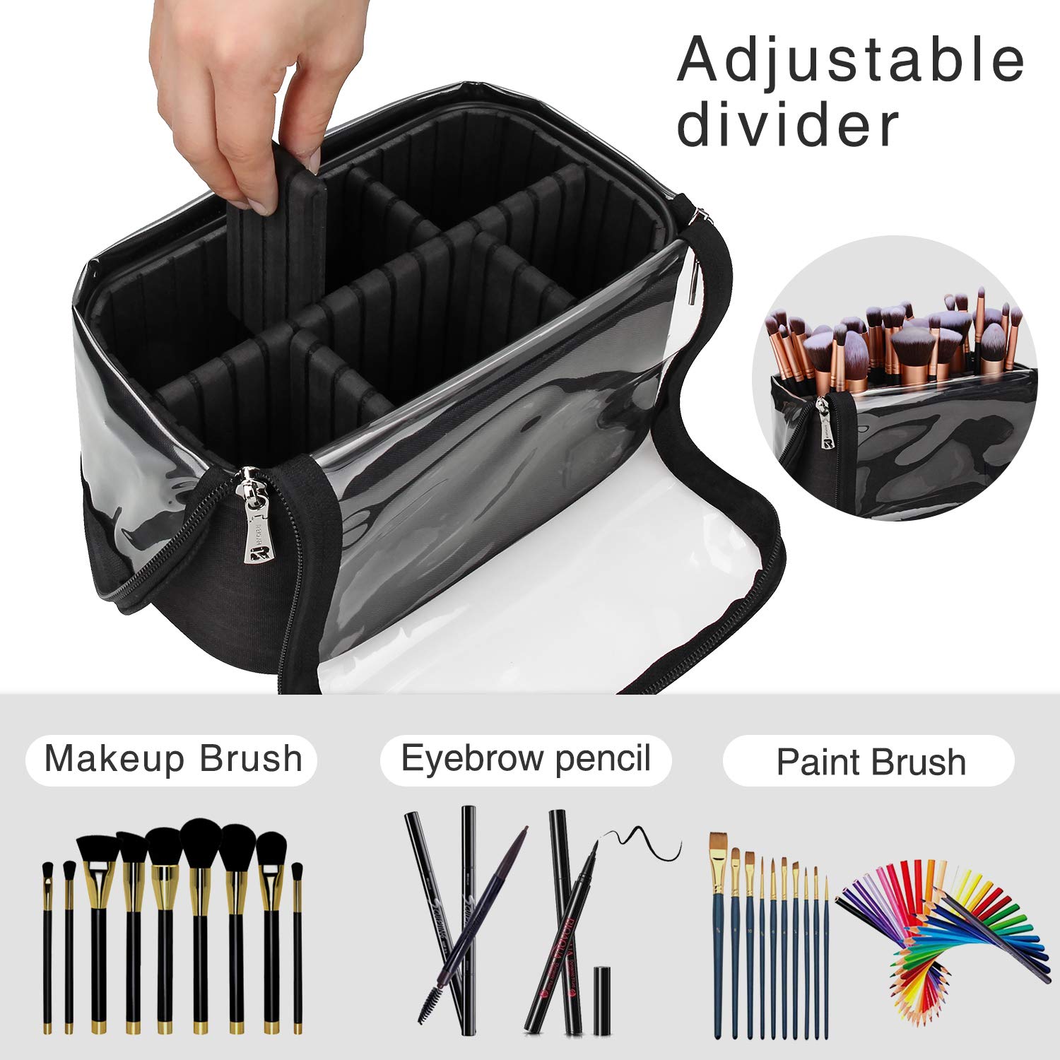 Makeup Brush Case Stand-up Makeup Cup Makeup Brush Holder Travel Professional Cosmetic Bag Artist Storage Bag with Shoulder Strap and Adjustable Divider (Large, Black)