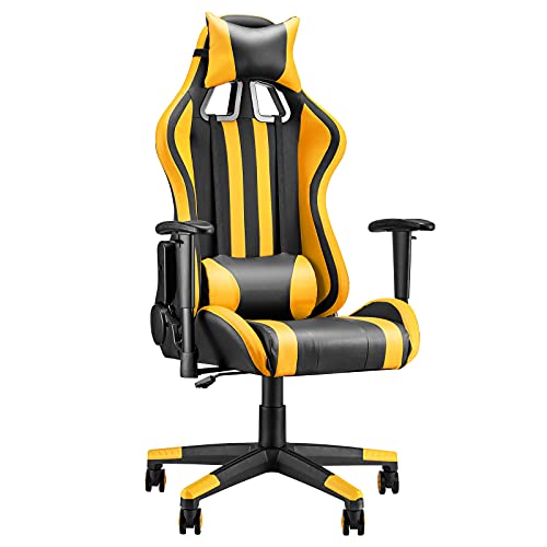 Soontrans Rocking Gaming Chair,PC Computer Chair,Home Office Chair,Racing Chair with Adjustable Recliner and Armrest with Headrest Lumbar Pillow Support (Yellow)