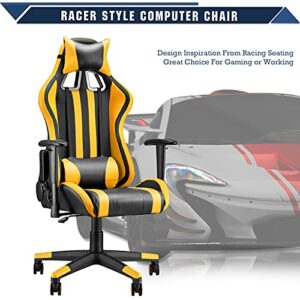 Soontrans Rocking Gaming Chair,PC Computer Chair,Home Office Chair,Racing Chair with Adjustable Recliner and Armrest with Headrest Lumbar Pillow Support (Yellow)