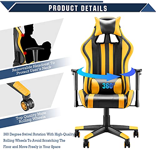 Soontrans Rocking Gaming Chair,PC Computer Chair,Home Office Chair,Racing Chair with Adjustable Recliner and Armrest with Headrest Lumbar Pillow Support (Yellow)