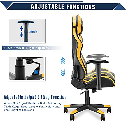 Soontrans Rocking Gaming Chair,PC Computer Chair,Home Office Chair,Racing Chair with Adjustable Recliner and Armrest with Headrest Lumbar Pillow Support (Yellow)