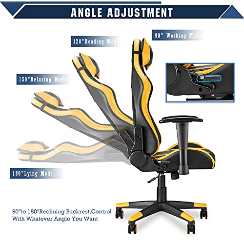 Soontrans Rocking Gaming Chair,PC Computer Chair,Home Office Chair,Racing Chair with Adjustable Recliner and Armrest with Headrest Lumbar Pillow Support (Yellow)