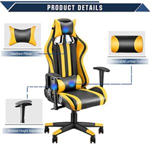 Soontrans Rocking Gaming Chair,PC Computer Chair,Home Office Chair,Racing Chair with Adjustable Recliner and Armrest with Headrest Lumbar Pillow Support (Yellow)