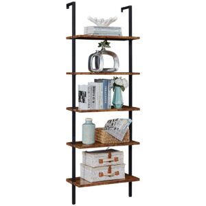 superjare industrial ladder shelf, 5-tier wood wall-mounted bookcase with stable metal frame, 72 inches storage rack shelves display plant flower, stand bookshelf for home office - rustic brown