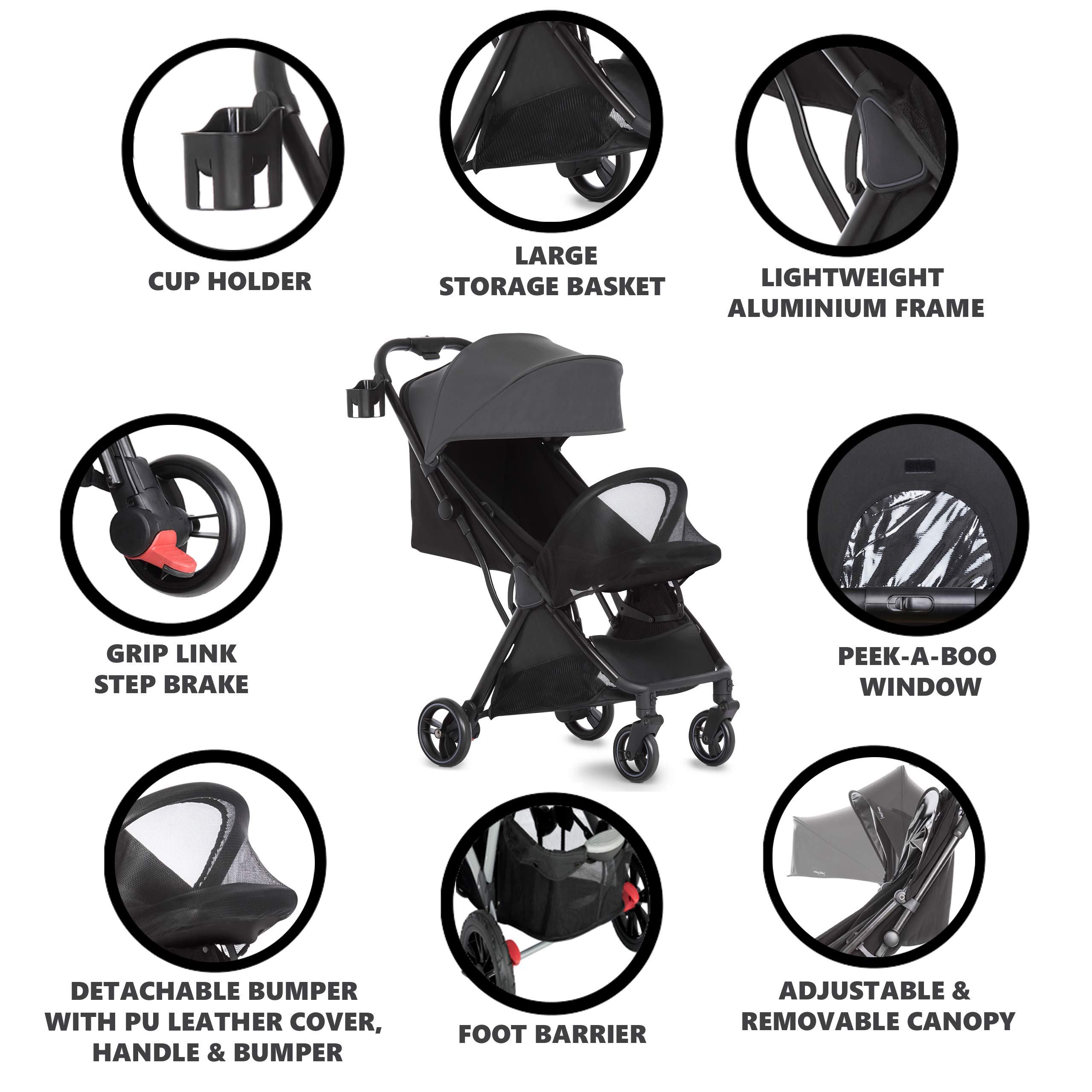 Dream On Me Insta Auto Fold Stroller | Portable Traveling Stroller | One Touch Fold | Compact Perfect for Plane, Grey