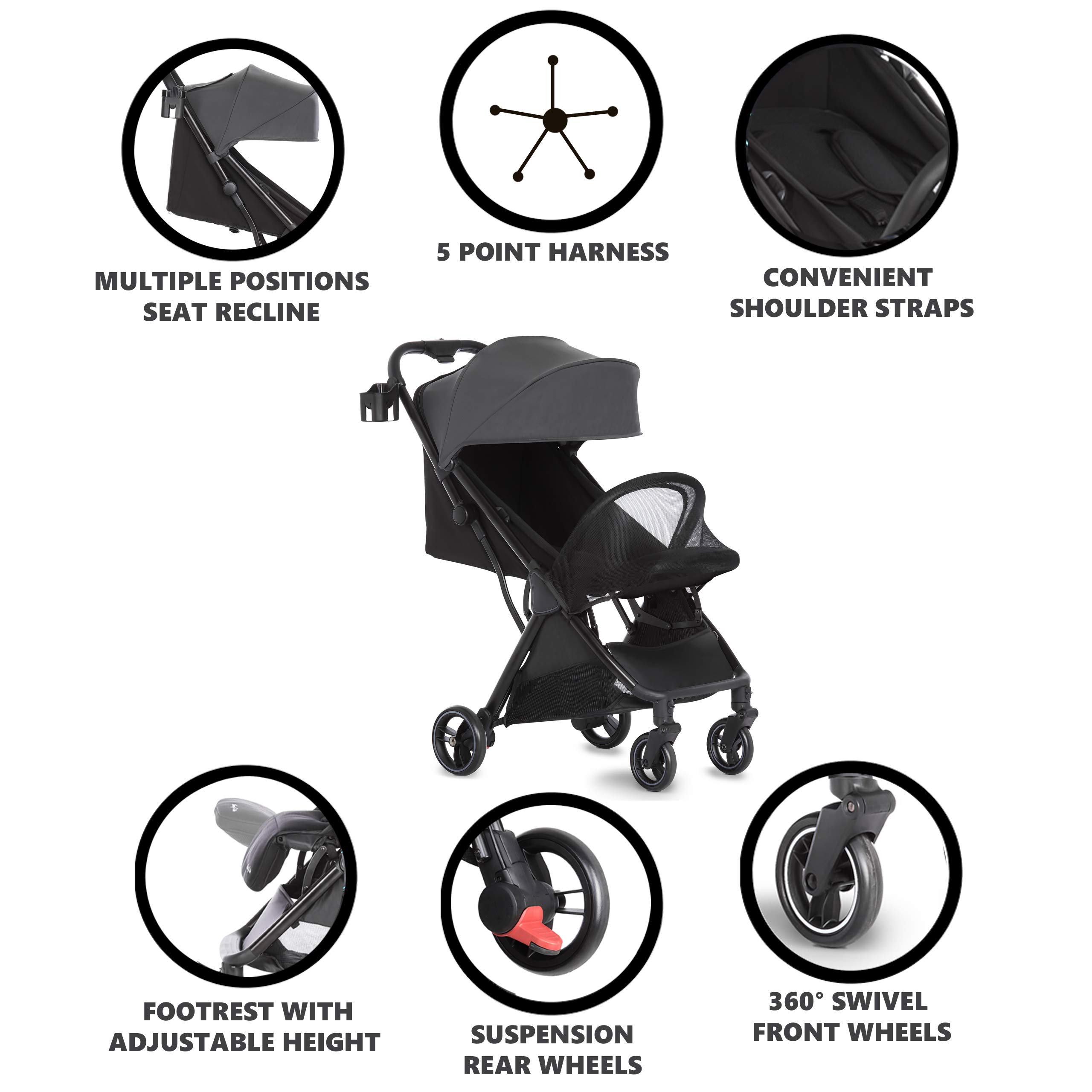 Dream On Me Insta Auto Fold Stroller | Portable Traveling Stroller | One Touch Fold | Compact Perfect for Plane, Grey