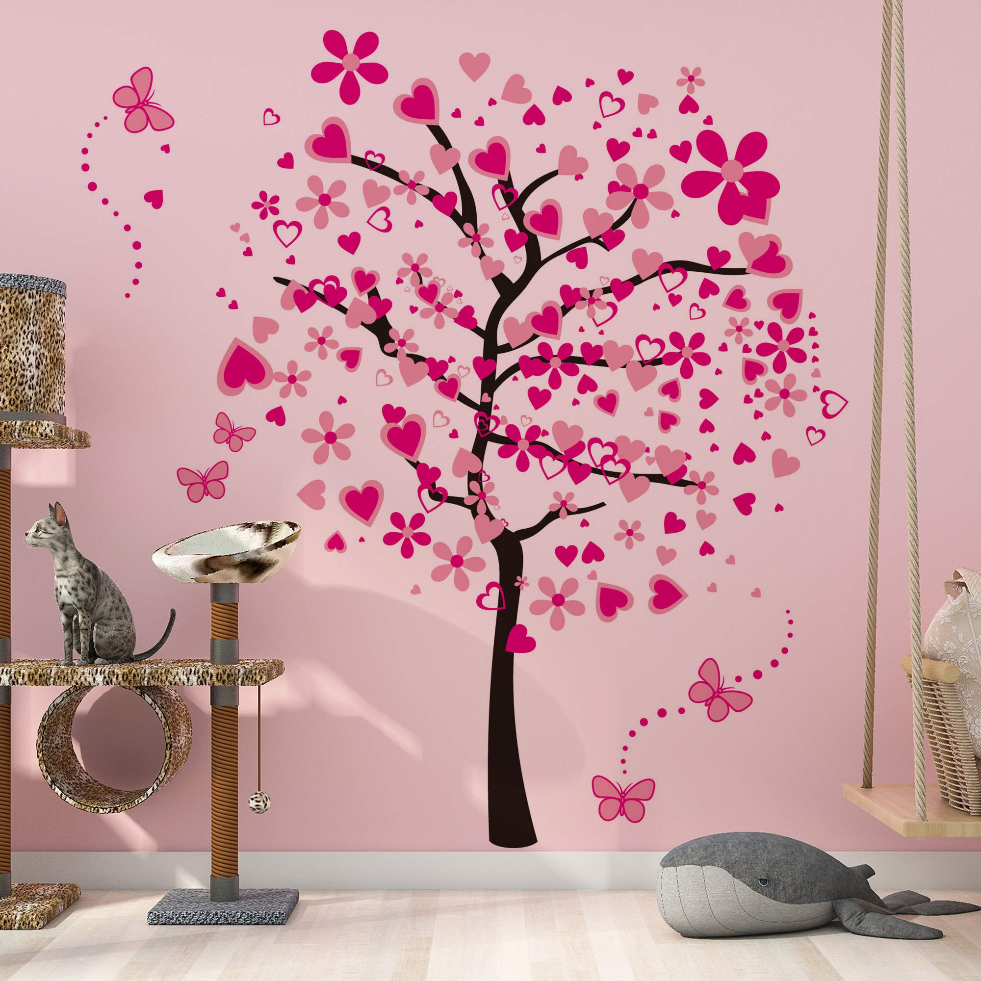 RW-1306 Creative Pink Flowers Tree Wall Decals Peach Blossom Love Heart Wall Stickers DIY Removable Cherry Floral Butterfly Dot Wall Decor for Girls Women Bedroom Living Room Nursery Office Decoration