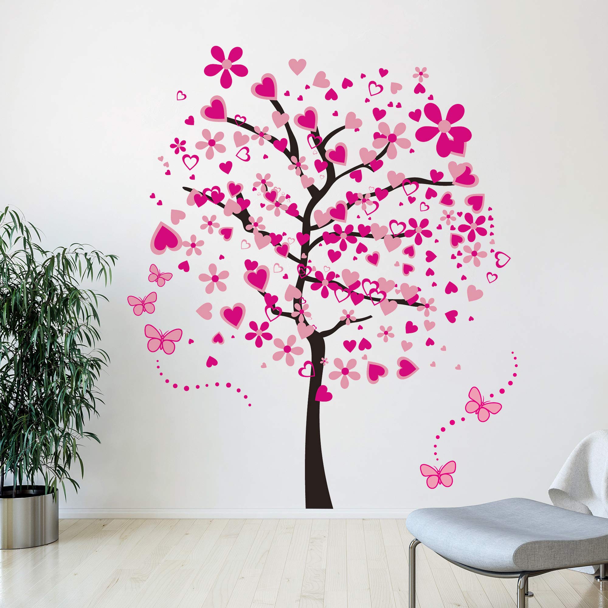 RW-1306 Creative Pink Flowers Tree Wall Decals Peach Blossom Love Heart Wall Stickers DIY Removable Cherry Floral Butterfly Dot Wall Decor for Girls Women Bedroom Living Room Nursery Office Decoration