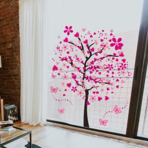 RW-1306 Creative Pink Flowers Tree Wall Decals Peach Blossom Love Heart Wall Stickers DIY Removable Cherry Floral Butterfly Dot Wall Decor for Girls Women Bedroom Living Room Nursery Office Decoration