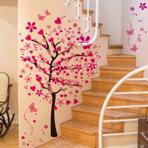 RW-1306 Creative Pink Flowers Tree Wall Decals Peach Blossom Love Heart Wall Stickers DIY Removable Cherry Floral Butterfly Dot Wall Decor for Girls Women Bedroom Living Room Nursery Office Decoration