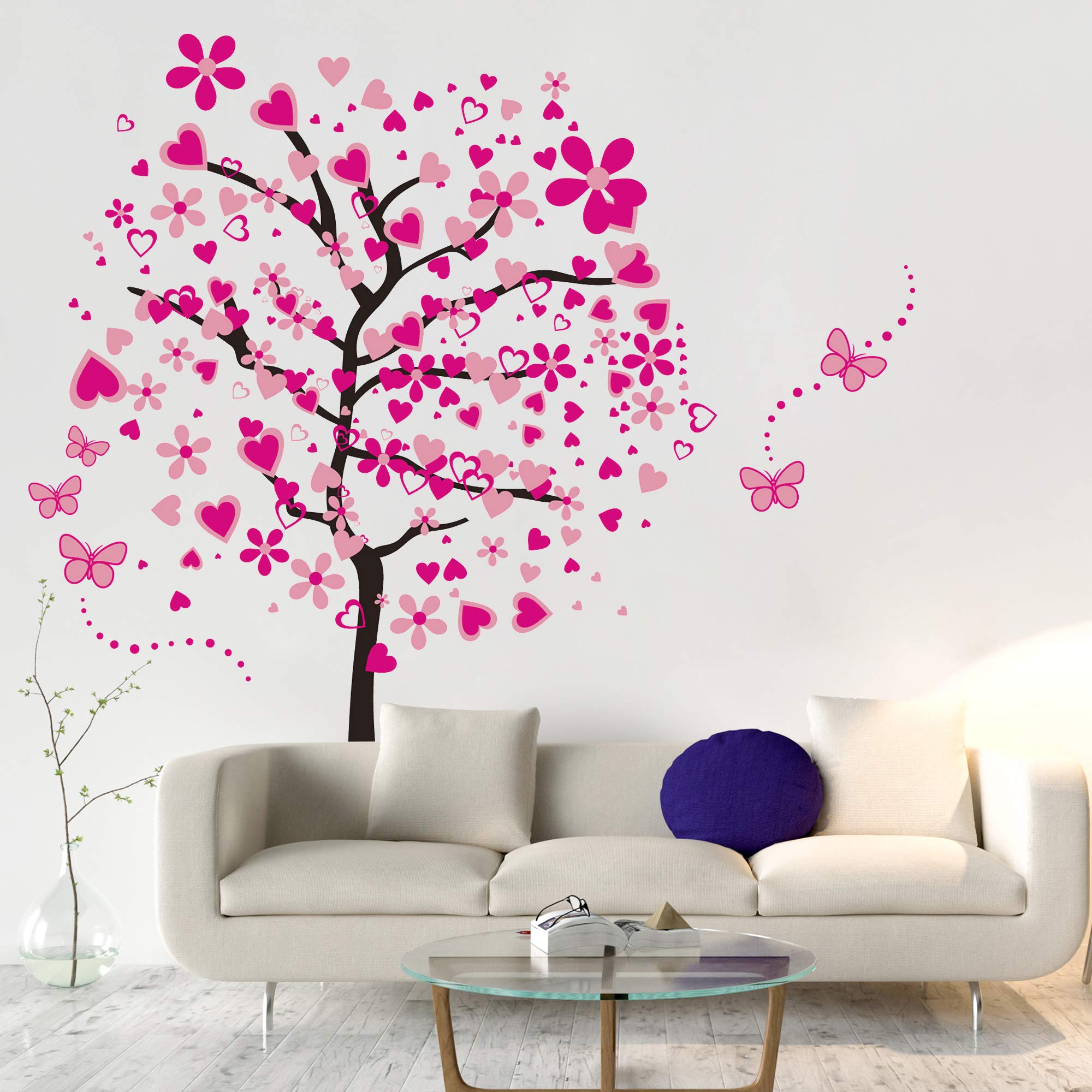 RW-1306 Creative Pink Flowers Tree Wall Decals Peach Blossom Love Heart Wall Stickers DIY Removable Cherry Floral Butterfly Dot Wall Decor for Girls Women Bedroom Living Room Nursery Office Decoration