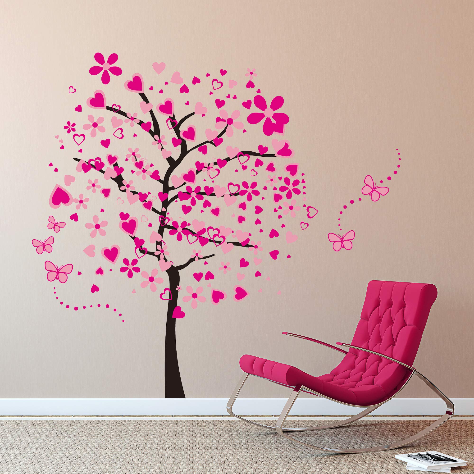 RW-1306 Creative Pink Flowers Tree Wall Decals Peach Blossom Love Heart Wall Stickers DIY Removable Cherry Floral Butterfly Dot Wall Decor for Girls Women Bedroom Living Room Nursery Office Decoration