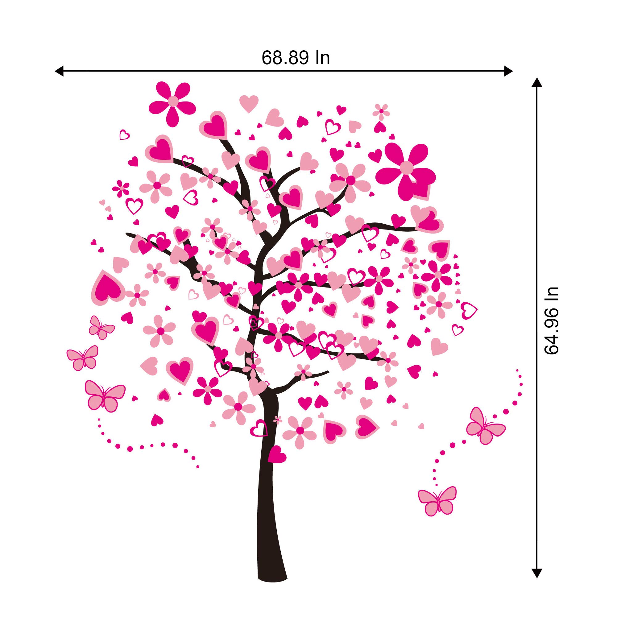 RW-1306 Creative Pink Flowers Tree Wall Decals Peach Blossom Love Heart Wall Stickers DIY Removable Cherry Floral Butterfly Dot Wall Decor for Girls Women Bedroom Living Room Nursery Office Decoration