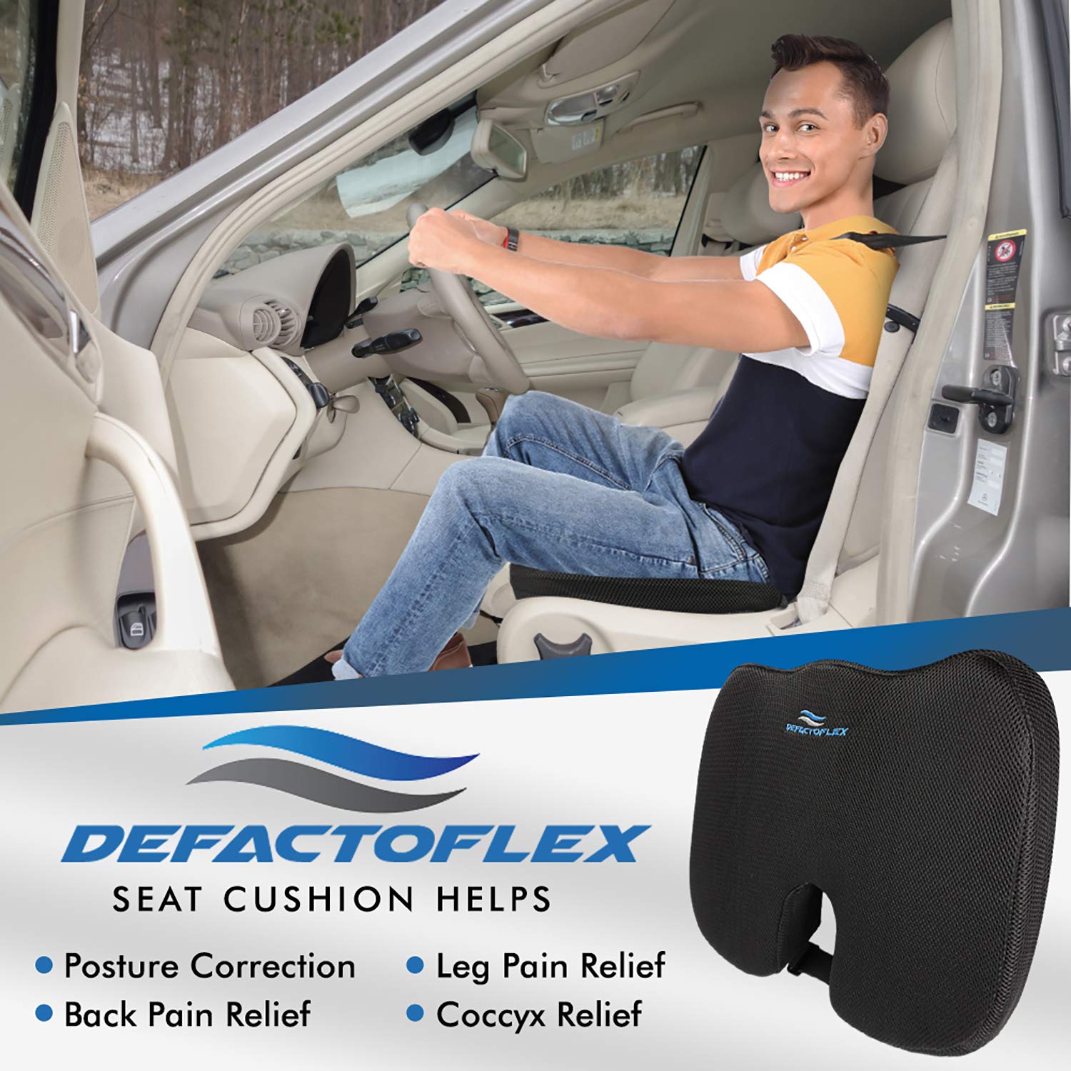 DEFACTOFLEX Seat Cushion for Office Chair with Adjustable Strap - High Density Memory Foam - Comfortable Coccyx, Tailbone and Sciatica Pillow for Office Chair, Wheelchair, Car Seats