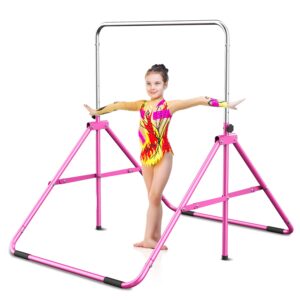 Gymbarpro Gymnastics Bars for Kids, Adjustable Horizontal Bar, Junior Training Bars Folding Monkey Bars for Beginner Practicing Home Kids Gymnastics Equipment for Home (Pink Upgrade)