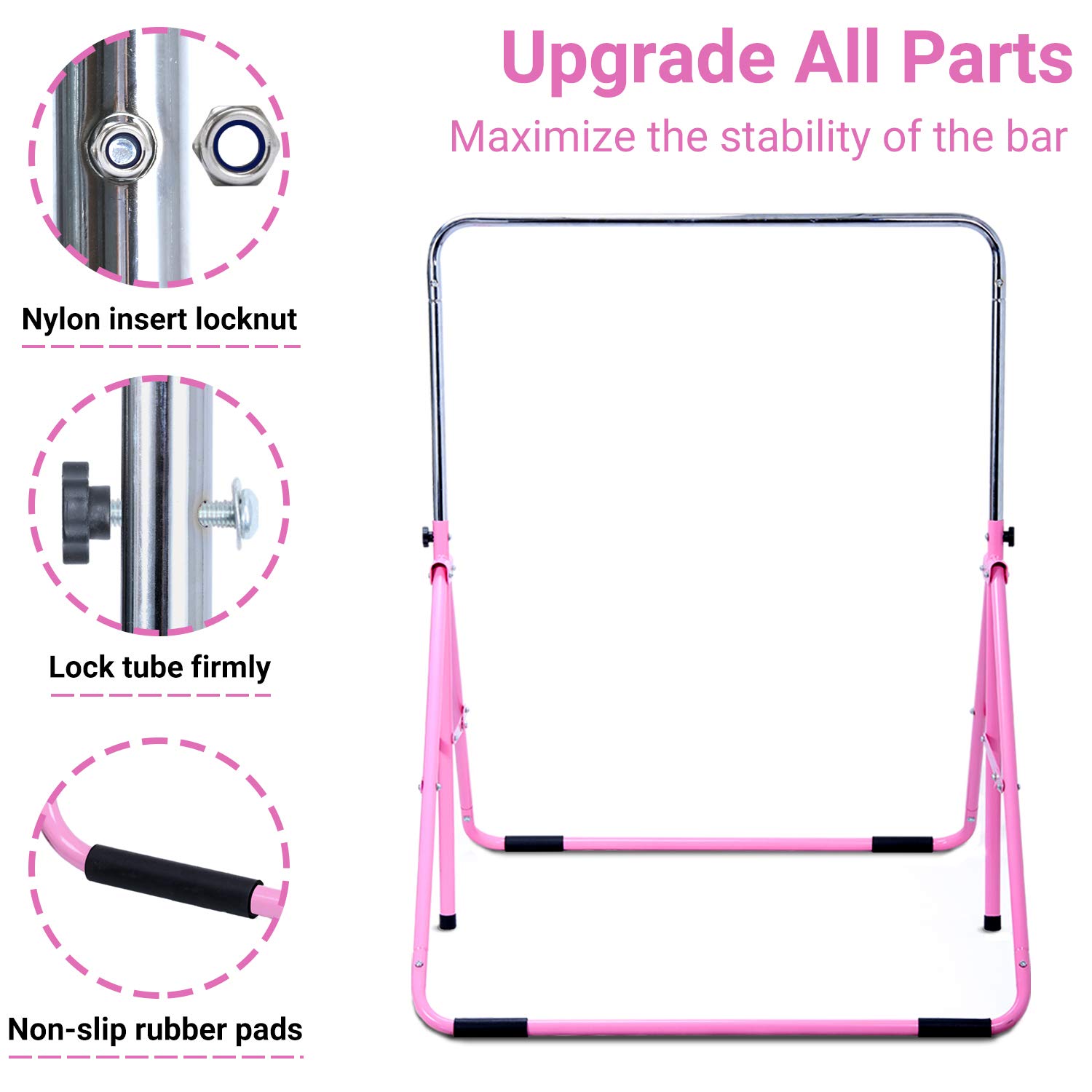 Gymbarpro Gymnastics Bars for Kids, Adjustable Horizontal Bar, Junior Training Bars Folding Monkey Bars for Beginner Practicing Home Kids Gymnastics Equipment for Home (Pink Upgrade)