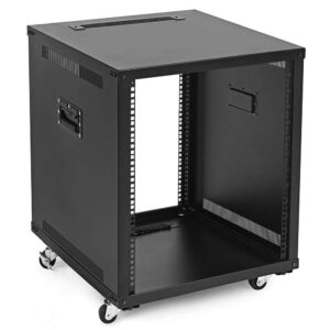 navepoint 12u portable server rack with casters - 12u network rack open frame with adjustable rails, 132lbs capacity - up to 22.6" deep 19-inch rack for it equipment, telecom & a/v, black