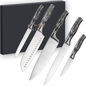 euna chef knife set, 5 pieces ultra sharp kitchen knife set high carbon stainless steel cooking knives set with pp ergonomic handle, sheaths and gift box (grey)