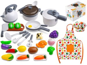 next milestones kids kitchen playset - cooking toys kit for pretend play - apron, chef's hat, cookware, utensils, pans, pots & vegetables included - suitable for children 3 years & up - 30-piece set