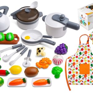 Next Milestones Kids Kitchen Playset - Cooking Toys Kit for Pretend Play - Apron, Chef's Hat, Cookware, Utensils, Pans, Pots & Vegetables Included - Suitable for Children 3 Years & Up - 30-Piece Set
