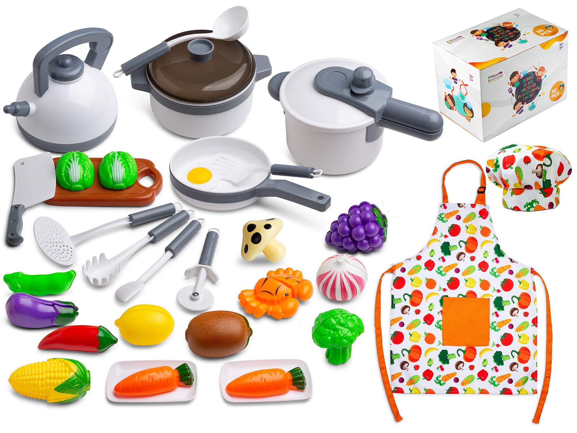 Next Milestones Kids Kitchen Playset - Cooking Toys Kit for Pretend Play - Apron, Chef's Hat, Cookware, Utensils, Pans, Pots & Vegetables Included - Suitable for Children 3 Years & Up - 30-Piece Set