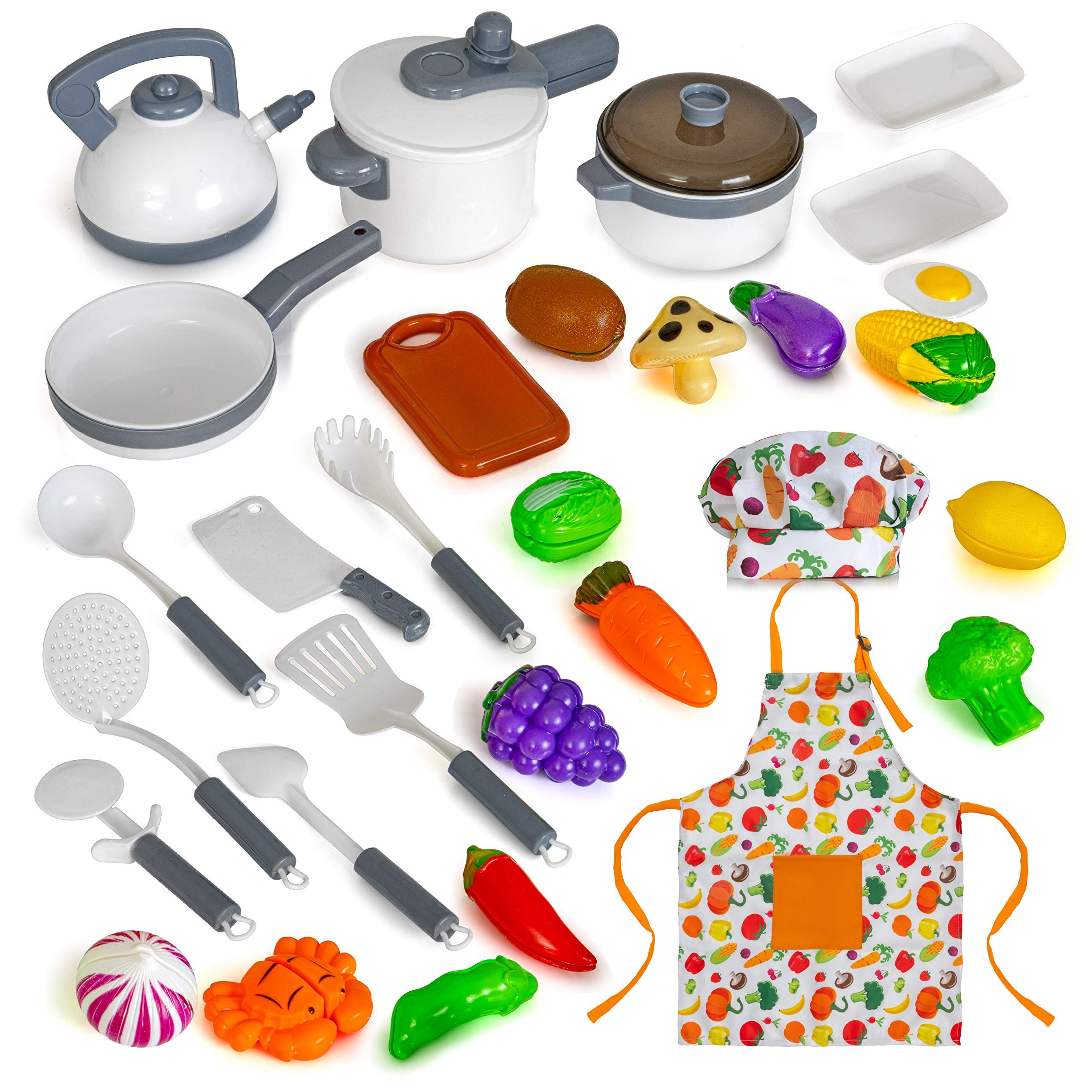 Next Milestones Kids Kitchen Playset - Cooking Toys Kit for Pretend Play - Apron, Chef's Hat, Cookware, Utensils, Pans, Pots & Vegetables Included - Suitable for Children 3 Years & Up - 30-Piece Set