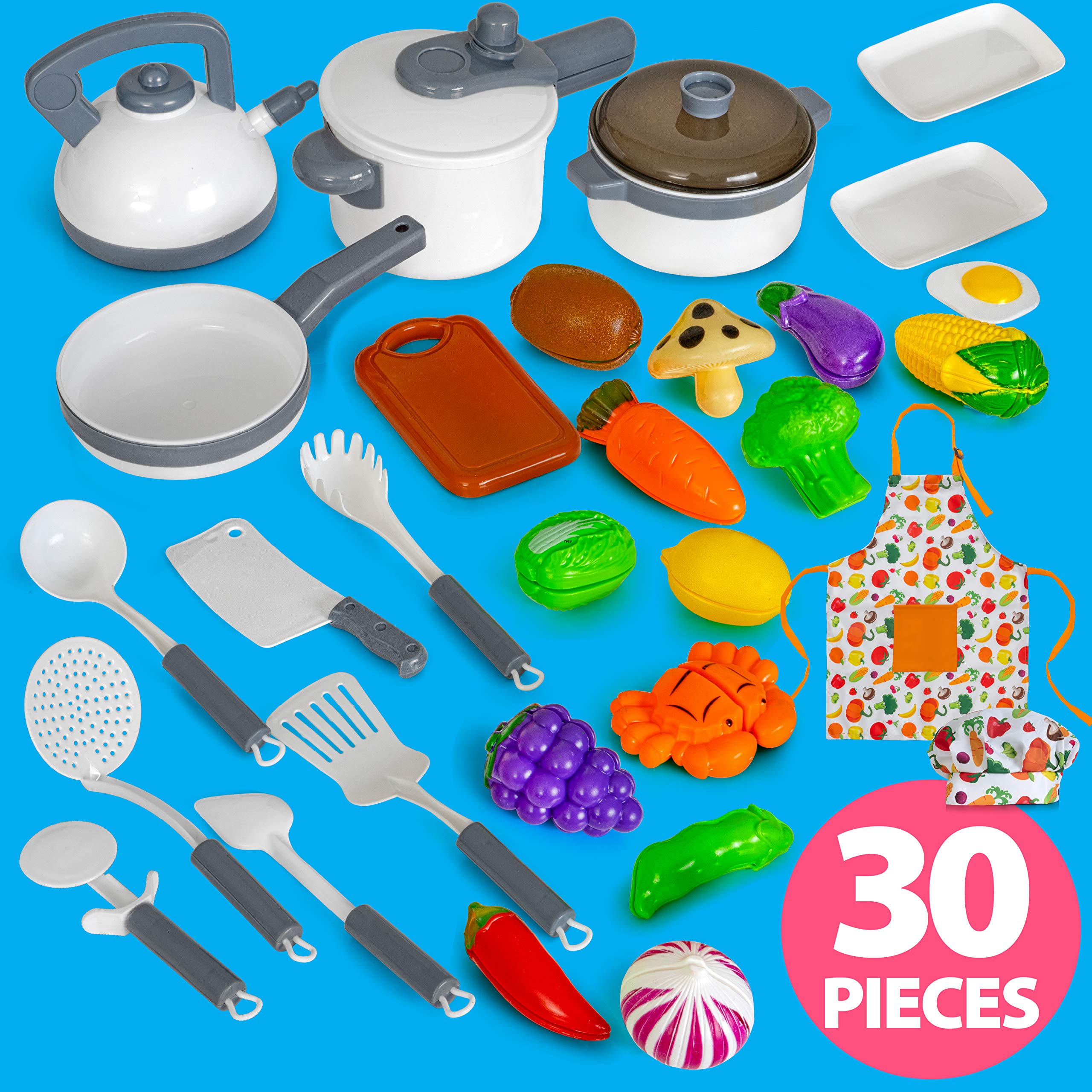 Next Milestones Kids Kitchen Playset - Cooking Toys Kit for Pretend Play - Apron, Chef's Hat, Cookware, Utensils, Pans, Pots & Vegetables Included - Suitable for Children 3 Years & Up - 30-Piece Set