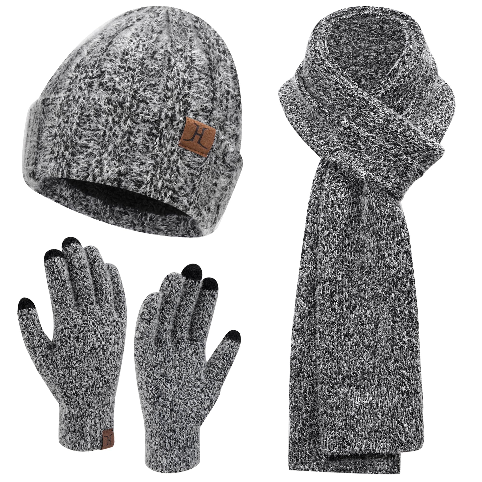 Womens Winter Warm Knit Beanie Hat Touchscreen Gloves Long Neck Scarf Set with Fleece Lined Skull Caps Gifts for Women Men