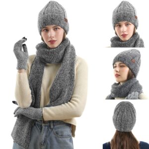 Womens Winter Warm Knit Beanie Hat Touchscreen Gloves Long Neck Scarf Set with Fleece Lined Skull Caps Gifts for Women Men